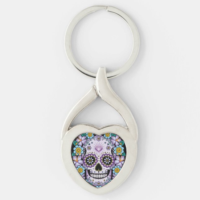 Purple Sugar Skull with Flowers Keychain (Front)
