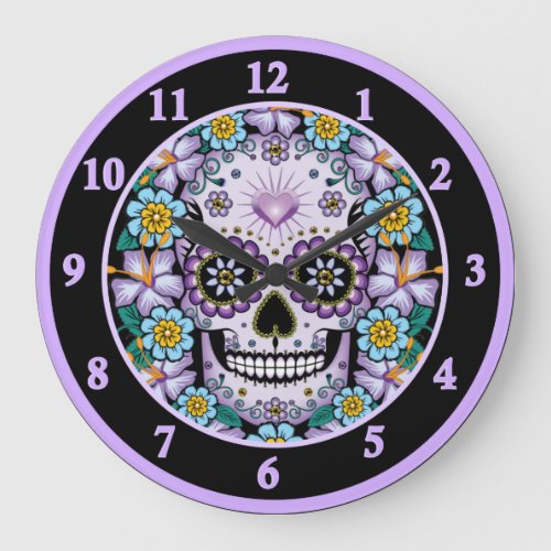 Purple Sugar Skull with Flowers Large Clock