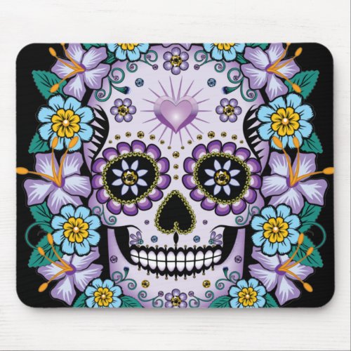 Purple Sugar Skull with Flowers Mouse Pad