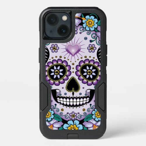 Purple Sugar Skull with Flowers iPhone 13 Case