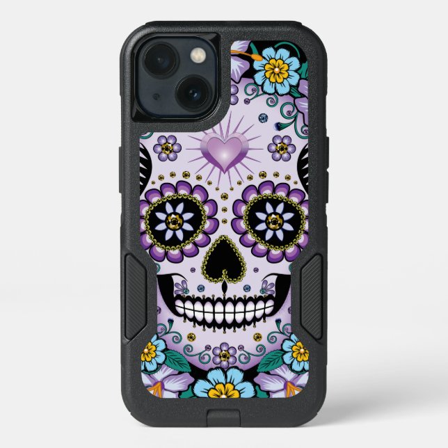 Purple Sugar Skull with Flowers Otterbox iPhone Case (Back)