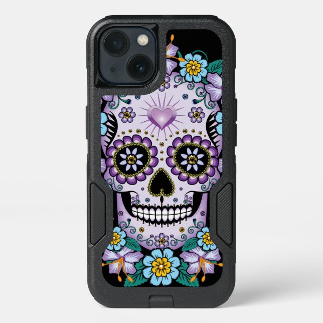 Purple Sugar Skull with Flowers Otterbox iPhone Case (Back)