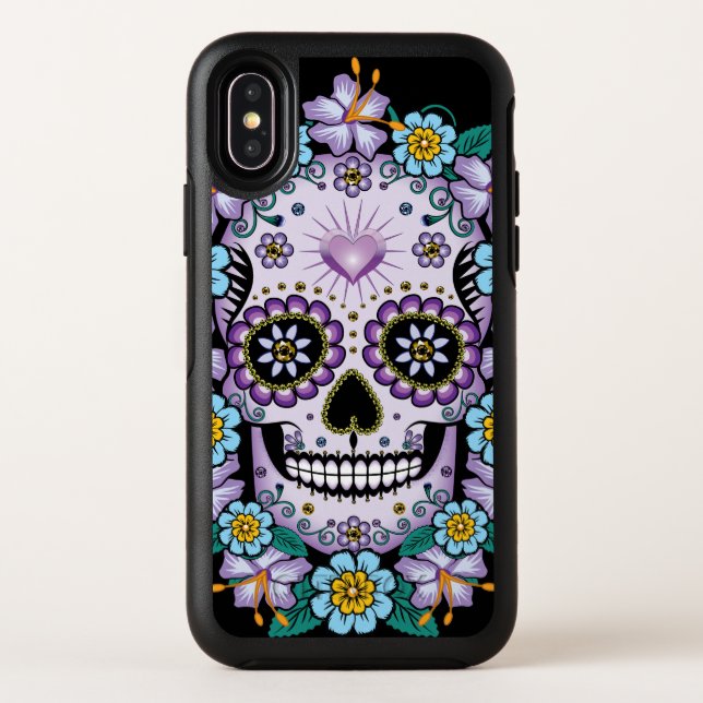 Purple Sugar Skull with Flowers Otterbox iPhone Case (Back)