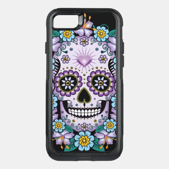 Purple Sugar Skull with Flowers Otterbox iPhone Case (Back)