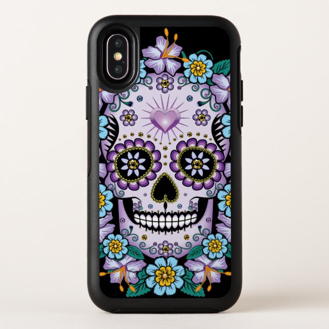 Purple Sugar Skull with Flowers Otterbox iPhone Case (Back)
