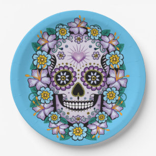 Purple Sugar Skull with Flowers Paper Plates