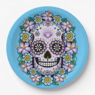 Purple Sugar Skull with Flowers Paper Plates