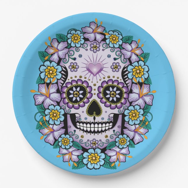 Purple Sugar Skull with Flowers Paper Plates (Front)