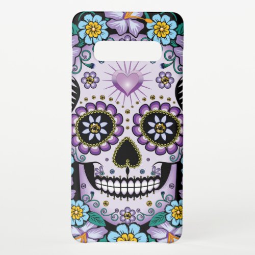 Purple Sugar Skull with Flowers Samsung Galaxy S10 Case