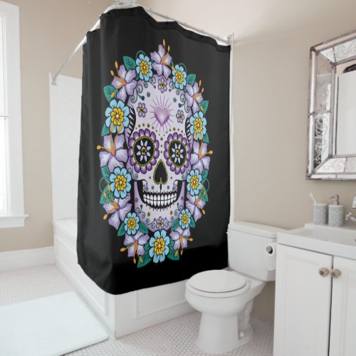 Purple Sugar Skull with Flowers Shower Curtain