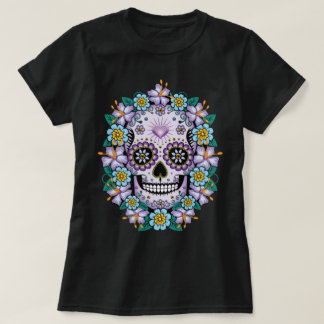 Purple Sugar Skull with Flowers T-Shirt