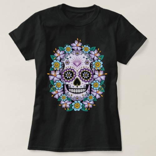 Purple Sugar Skull with Flowers T_Shirt