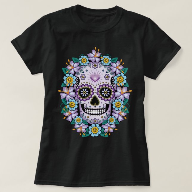 Purple Sugar Skull with Flowers T-Shirt (Design Front)