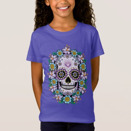 Purple Sugar Skull with Flowers T_Shirt