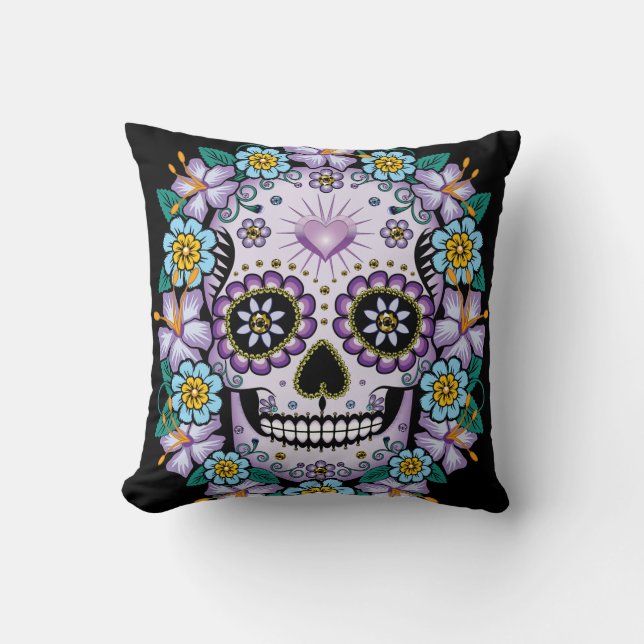 Purple Sugar Skull with Flowers Throw Pillow (Front)