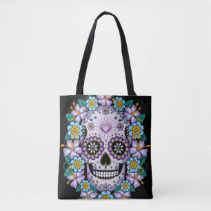 Purple Sugar Skull with Flowers Tote Bag
