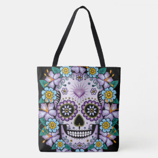 Purple Sugar Skull with Flowers Tote Bag