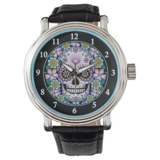 Purple Sugar Skull with Flowers Watch