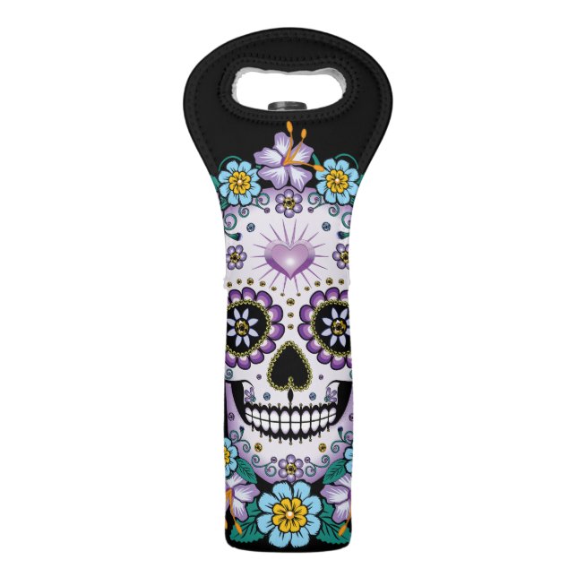 Purple Sugar Skull with Flowers Wine Bag (Front)