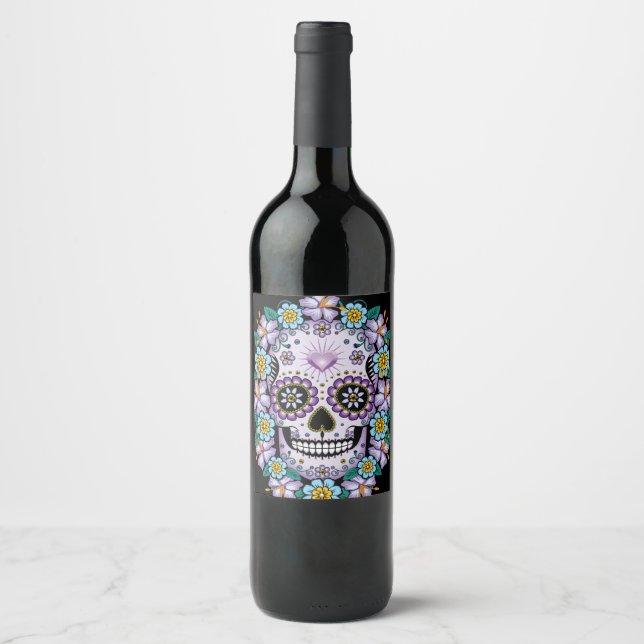 Purple Sugar Skull with Flowers Wine Label (Front)
