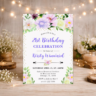 Purple Summer Flowers & Photo 21st birthday Invitation