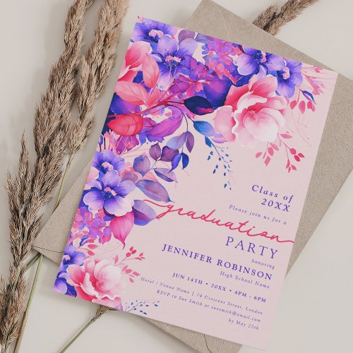 Purple Summer Garden Floral Graduation Party Blush Invitation