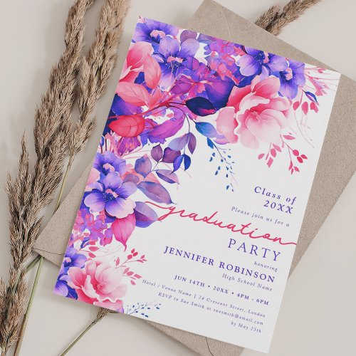 Purple Summer Garden Floral Graduation Party Invitation