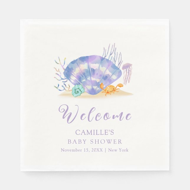Purple Summer Sea Pearl Girl Baby Shower Welcome  Napkins (Front)