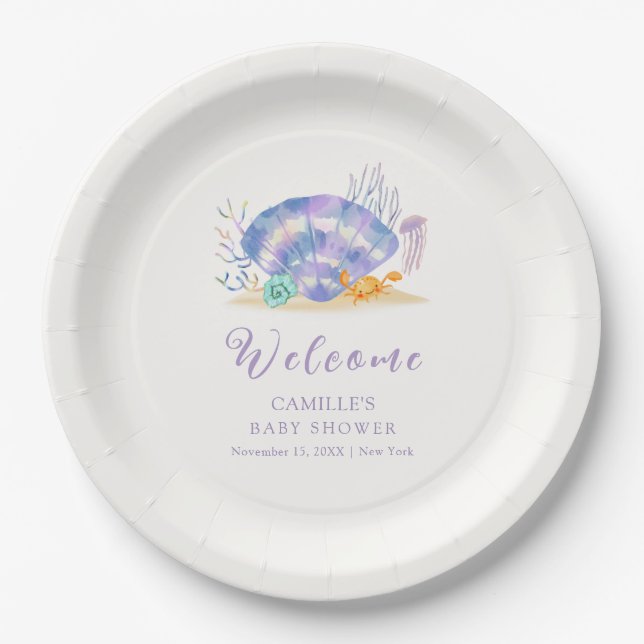 Purple Summer Sea Pearl Girl Baby Shower Welcome  Paper Plates (Front)