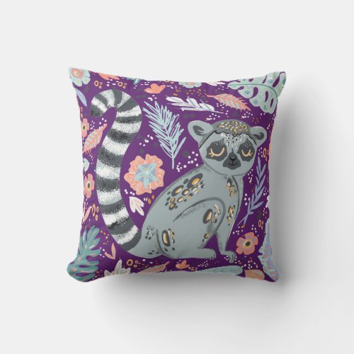 Purple Summer Tropical Jungle Lemur Pattern Outdoor Pillow