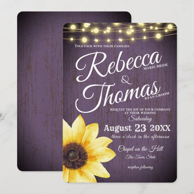 Purple Sunflower and Lights Rustic Wedding Invitation (Front/Back)