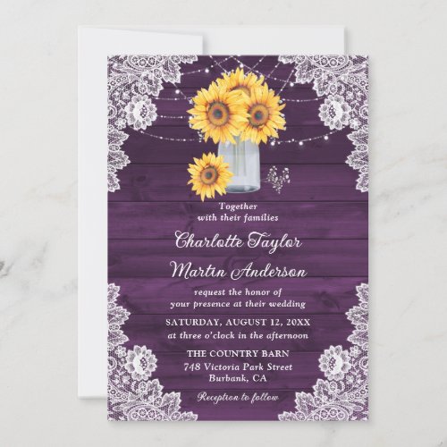 Purple Sunflower Babys Breath Mason Jar Wedding Invitation