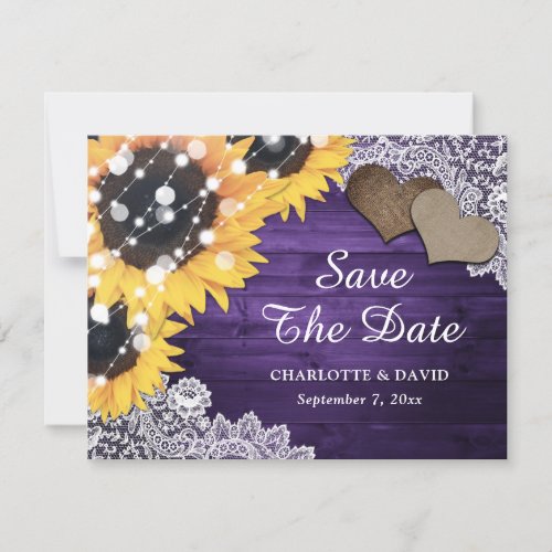 Purple Sunflower Eucalyptus Hearts Wedding Announcement