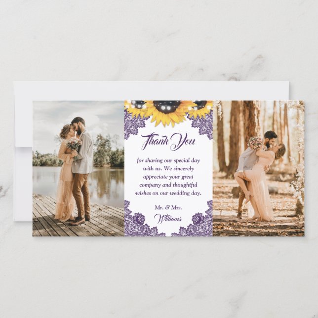 Purple Sunflower Floral Lace Photo Wedding Thank You Card (Front)