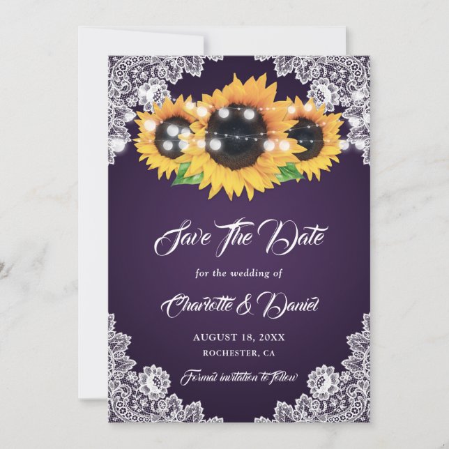 Purple Sunflower Floral Lace String Lights Wedding Save The Date (Front)