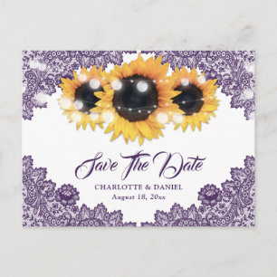 Purple Sunflower Lace Wedding Save The Date Announcement Postcard