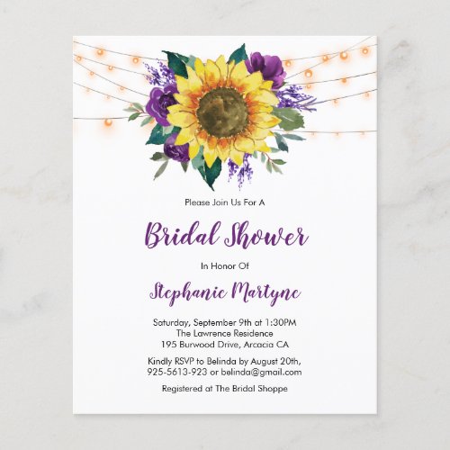 Purple Sunflower Light Budget Bridal Shower Invite