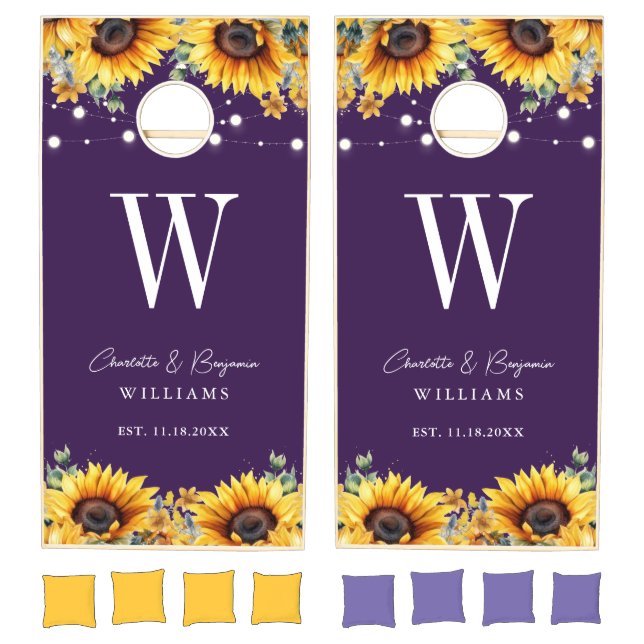 Purple Sunflower Monogram Wedding Cornhole Set (Set)