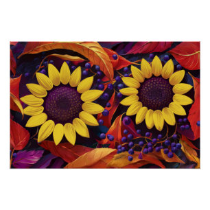 Purple Sunflower Pair, Cheerful Autumn Leaves Poster
