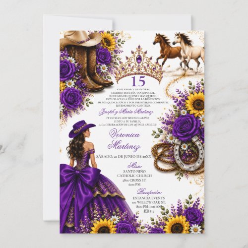 Purple Sunflower Rose Vaquera Quinceañera  Invitation