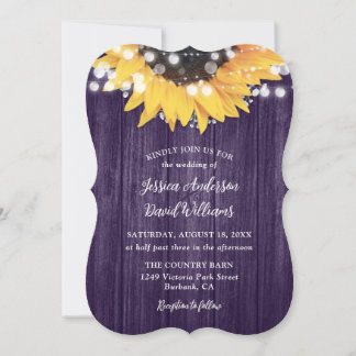 Purple Sunflower Rustic Barn Wood Wedding Invitation