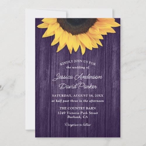 Purple Sunflower Rustic Barn Wood Wedding Invitation