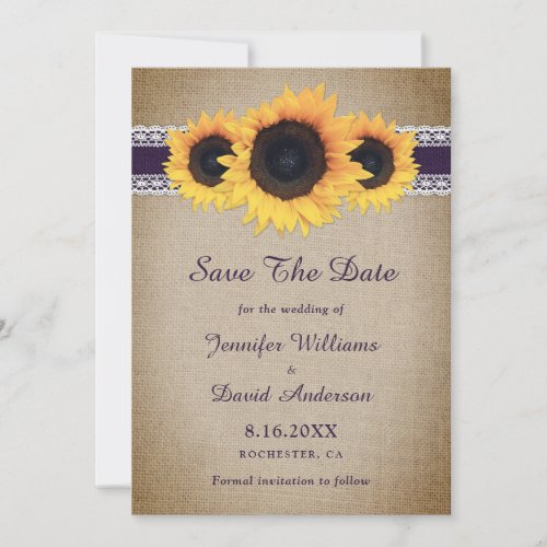 Purple Sunflower Rustic Burlap Lace Wedding Save The Date