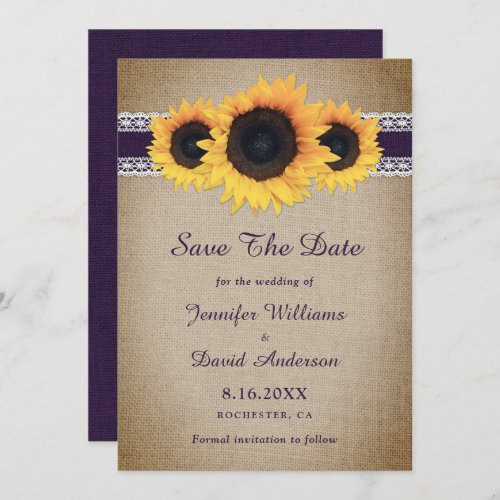 Purple Sunflower Rustic Burlap Lace Wedding Save The Date