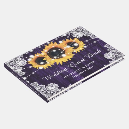 Purple Sunflower Rustic Wood Lace Wedding Guest Book