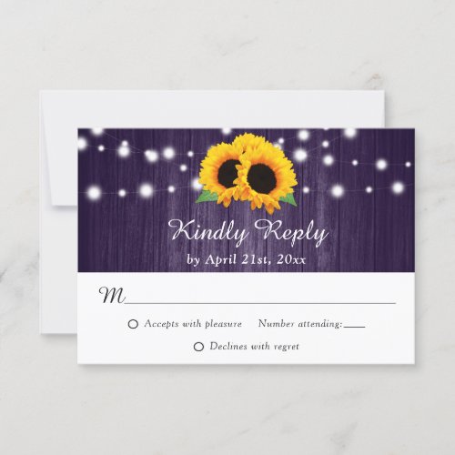Purple Sunflower Rustic Wood String Lights Wedding RSVP Card