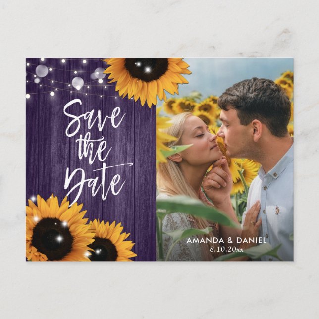 Purple Sunflower Save The Date Photo Postcards (Front)