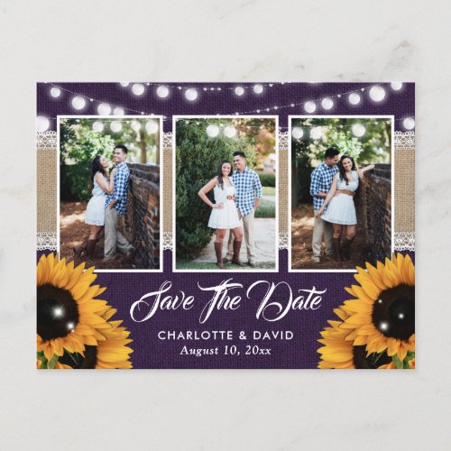 Purple Sunflower Wedding 3 Photo Save The Date Announcement Postcard