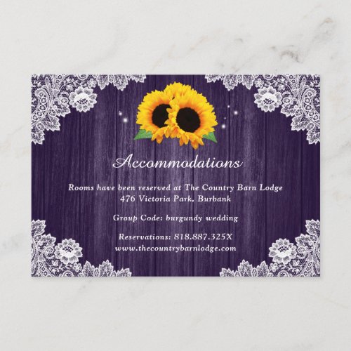 Purple Sunflower Wedding Hotel Accommodation Enclosure Card