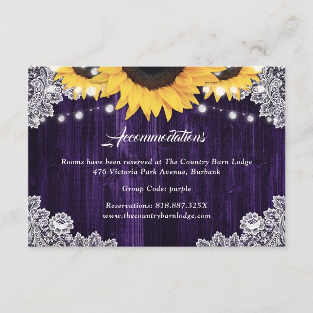 Purple Sunflower Wedding Hotel Accommodation Enclosure Card (Front)